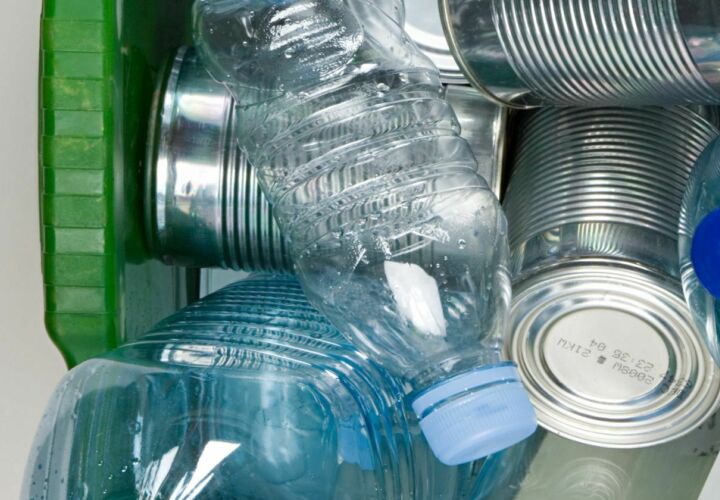 Dry mixed recycling including aluminium cans and tins and plastic bottles.