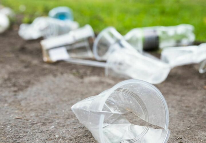 Plastic cups on ground at an outdoor event