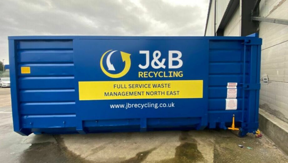 Hooklift container for high volume trade waste with J&B recycling logo